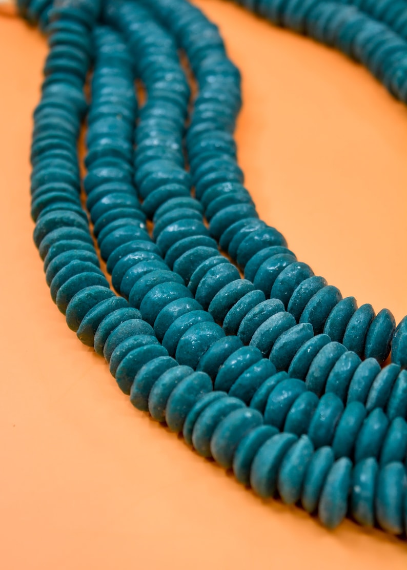 Deep Teal Blue: Ashanti Glass Beads, 14x5mm, Krobo Glass Spacer Beads, FULL strand or Pack of 10 beads, Jewelry Making Supplies