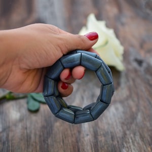 Denim Blue River Bead Stretch Tagua Bracelet, Eco-Friendly Fair Trade Jewelry, Handmade Vegetable Ivory Bracelets, Unique Gift for Her