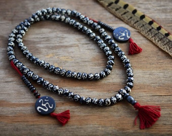 Om Mani Padme Hum: 108 beads, Buddhism Mantra Prayer Beads from Recycled Buffalo Bone Beads /Mala, Yoga Jewelry, Meditation, Prayer Counters