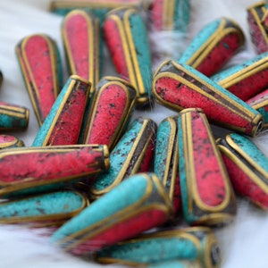 Tear Drop Nepali Beads | 8x20mm Brass Beads Inlaid with Turquoise & Coral | Handmade in Nepal | Set of 2 Beads | Tibetan Jewelry Supplies