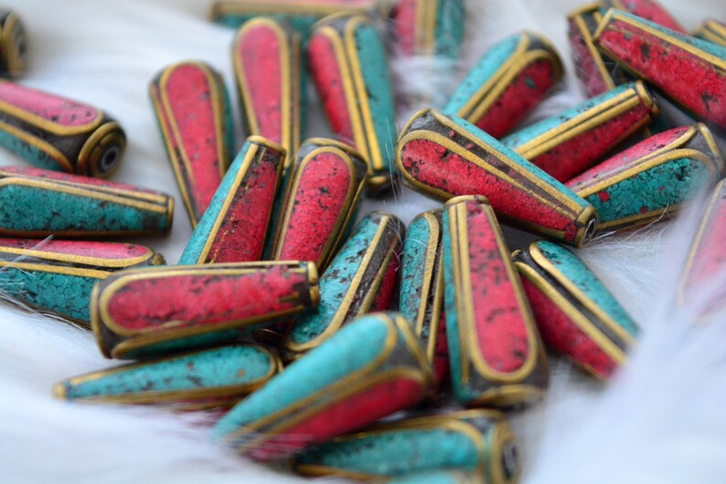 Tear Drop Nepali Beads | 8x20mm Brass Beads Inlaid with Turquoise & Coral | Handmade in Nepal | Set of 2 Beads | Tibetan Jewelry Supplies