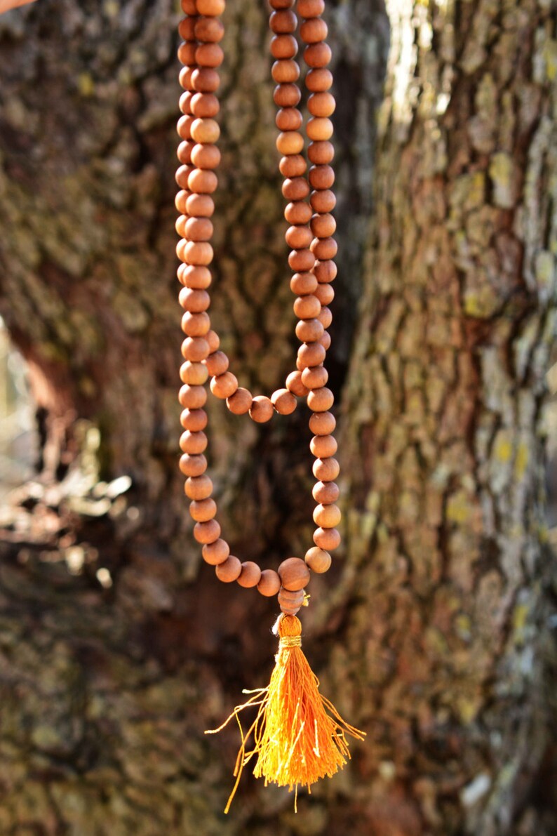 May include: A brown wooden mala bead necklace with a long orange tassel. The necklace is hanging against a tree trunk.