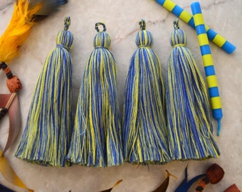 Two Tone Blue and Lime Green: 4" Tassel, Luxe Large Cotton Tassels with Braided Loop, Cotton Tassels, Jewelry Making, Home Decoration, 2 pcs