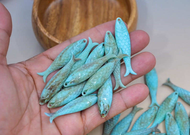 Marble Seafoam Blue Fish Charm 48mm German Resin Pendant, 1 Piece, Beach Jewelry Supply