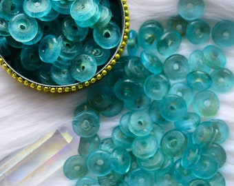 Aquamarine Blue: 10 pcs Ghana Krobo Saucer Glass Beads, 10x2.5mm /  Sand Casted Glass Donut Beads, African Rondelle Spacer Beads, Saucers