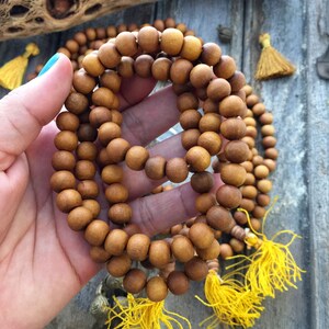 May include: A wooden beaded necklace with yellow tassels. The beads are brown and the tassels are a bright yellow.