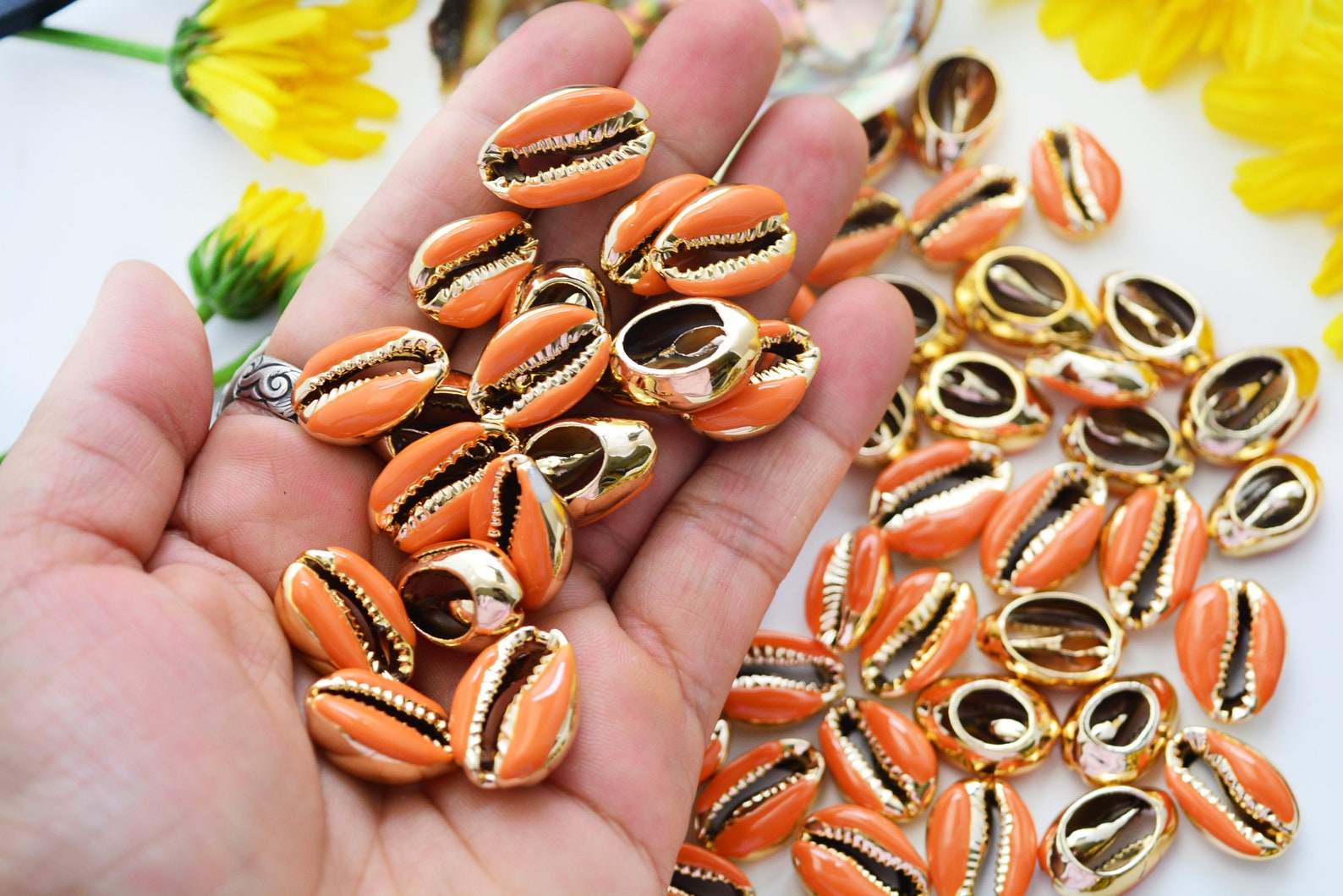 Caramel Brown Enamel Cowrie Shell – 1 Shell, Gold-plated Shell Charm ...