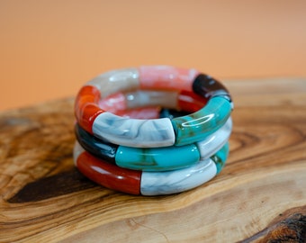 Jane: Multicolor Acrylic Tube Bracelet Stack, Acrylic Bangle, Lucite Stretchy Tube Bracelet, Waterproof Jewelry, Statement Bracelet, Gifts