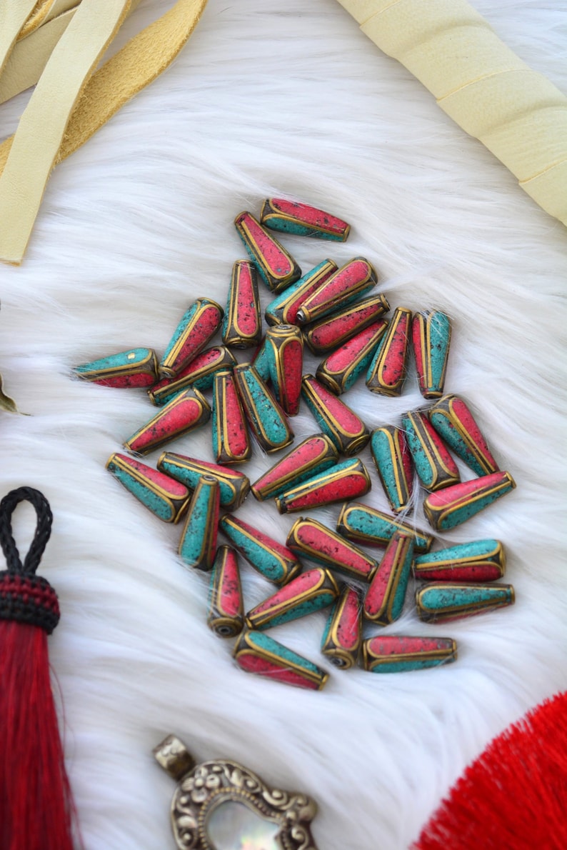Tear Drop Nepali Beads | 8x20mm Brass Beads Inlaid with Turquoise & Coral | Handmade in Nepal | Set of 2 Beads | Tibetan Jewelry Supplies