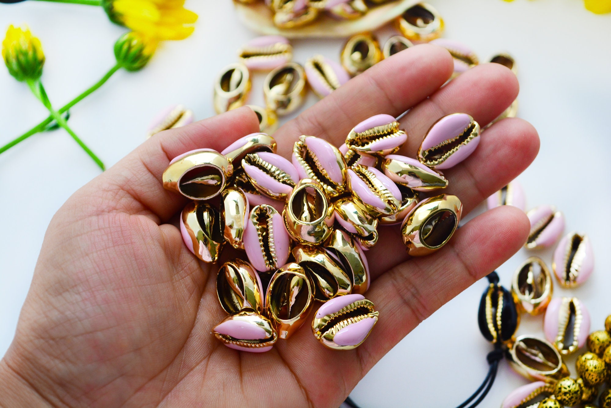Plated Shells Light Pink Enamel Cowrie Shell – 1 Shell, Gold-plated Shell Charm for ...