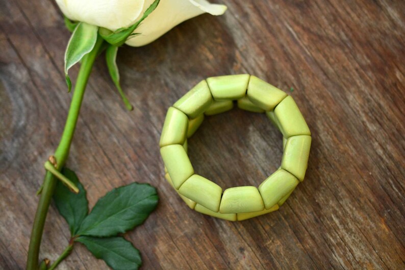 Green Tea River Bead Stretch Tagua Bracelet, Eco-Friendly Fair Trade Jewelry, Handmade Vegetable Ivory Bracelets, Unique Gift for Her