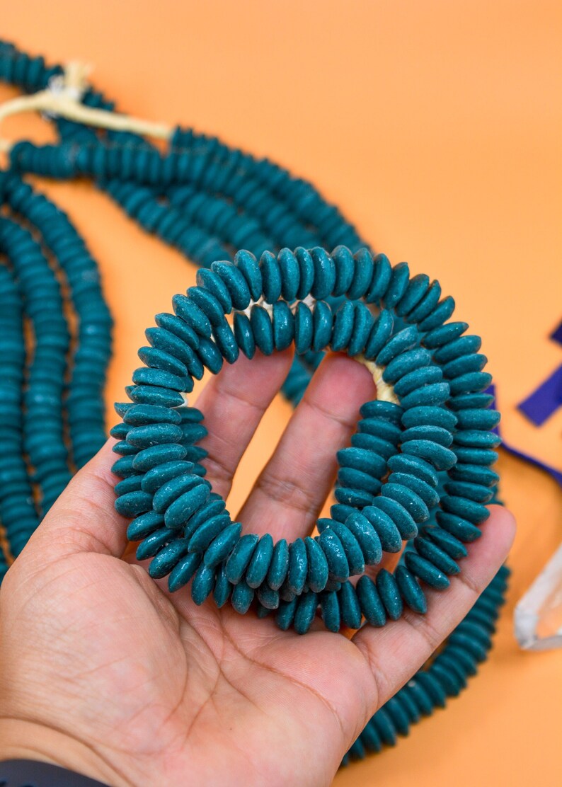 Deep Teal Blue: Ashanti Ghana Glass Beads, 14x5mm, 120+ Rondelle Spacer Beads FULL strand or Pack of 10 beads, Krobo Glass Beads, Large Hole Glass Beads, African Beads, Beads for Jewelry and Craft DIY Bead Supplies