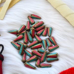 Tear Drop Nepali Beads | 8x20mm Brass Beads Inlaid with Turquoise & Coral | Handmade in Nepal | Set of 2 Beads | Tibetan Jewelry Supplies