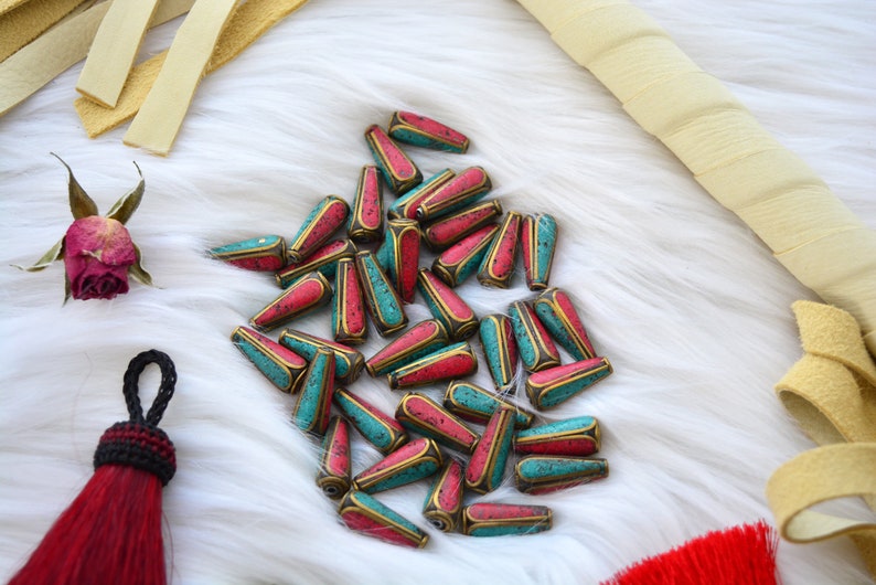 Tear Drop Nepali Beads | 8x20mm Brass Beads Inlaid with Turquoise & Coral | Handmade in Nepal | Set of 2 Beads | Tibetan Jewelry Supplies