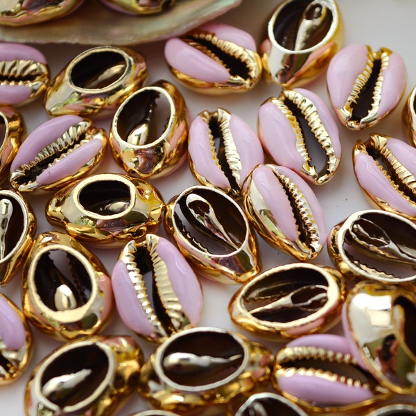 Light Pink Enamel Cowrie Shells, 1x16.5mm, Gold Plated, One Shell / Friendship Bracelets, Pukka Shells, Shell Charms, Beach Jewelry