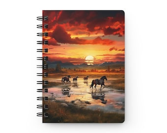 Horses in the Creek Journal:  Western Horses and Sunset Glossy Laminated Journal Cover with Spiral Loop Wire in 5x7 size Journaling