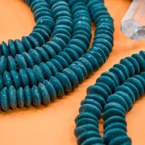 Deep Teal Blue: Ashanti Ghana Glass Beads, 14x5mm, 120+ Rondelle Spacer Beads FULL strand or Pack of 10 beads, Krobo Glass Beads, Large Hole Glass Beads, African Beads, Beads for Jewelry and Craft DIY Bead Supplies