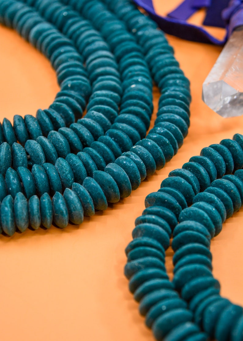 Deep Teal Blue: Ashanti Ghana Glass Beads, 14x5mm, 120+ Rondelle Spacer Beads FULL strand or Pack of 10 beads, Krobo Glass Beads, Large Hole Glass Beads, African Beads, Beads for Jewelry and Craft DIY Bead Supplies