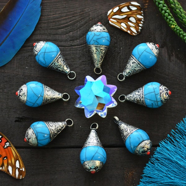 Turquoise Blue: 16x36mm Magnesite Nepali Teardrop Pendant, 1 piece / Beads from Nepal, Tibetan Charms, Jewelry Making Supplies