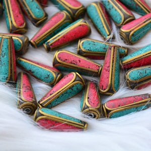 Tear Drop Nepali Beads | 8x20mm Brass Beads Inlaid with Turquoise & Coral | Handmade in Nepal | Set of 2 Beads | Tibetan Jewelry Supplies