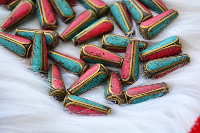 Tear Drop Nepali Beads | 8x20mm Brass Beads Inlaid with Turquoise & Coral | Handmade in Nepal | Set of 2 Beads | Tibetan Jewelry Supplies