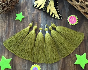 Olive Green, 3" Luxe Silk Tassels, Handmade Jewelry Tassels, Long Tassels, Designer Jewelry Making Supplies / Choose Binding Finish, 2pcs