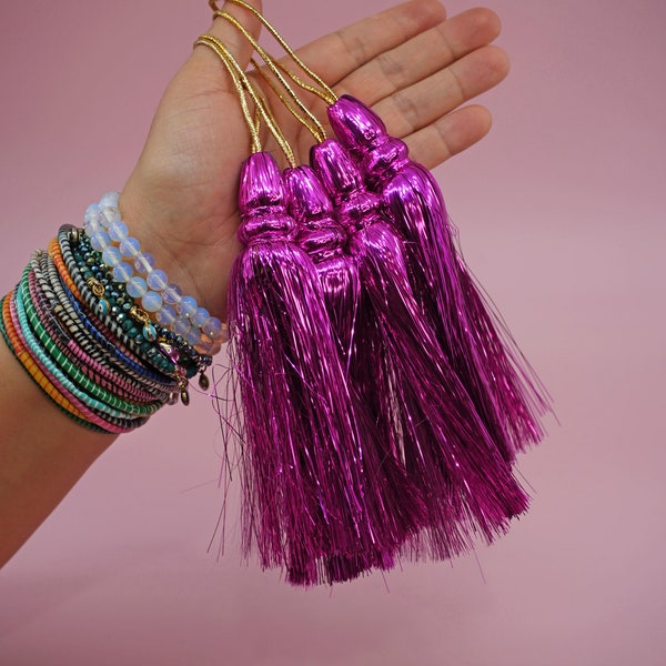 Fuchsia Pink: 2 pieces x 6" Tinsel Tassels, Festive Tassel, Metallic Tassel, Decoration Tassel, Tinsel Tassel / DIY Jewelry Making Supplies