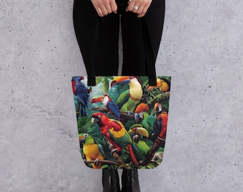 Bird Print: Amazon Rainforest Birds Art Tote, Modern Art Inspired Bag, Gift for Her, Pick Handle Color, Bags, Market Tote