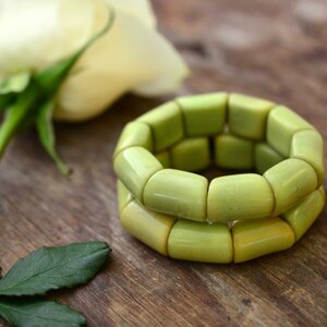 Green Tea River Bead Stretch Tagua Bracelet, Eco-Friendly Fair Trade Jewelry, Handmade Vegetable Ivory Bracelets, Unique Gift for Her