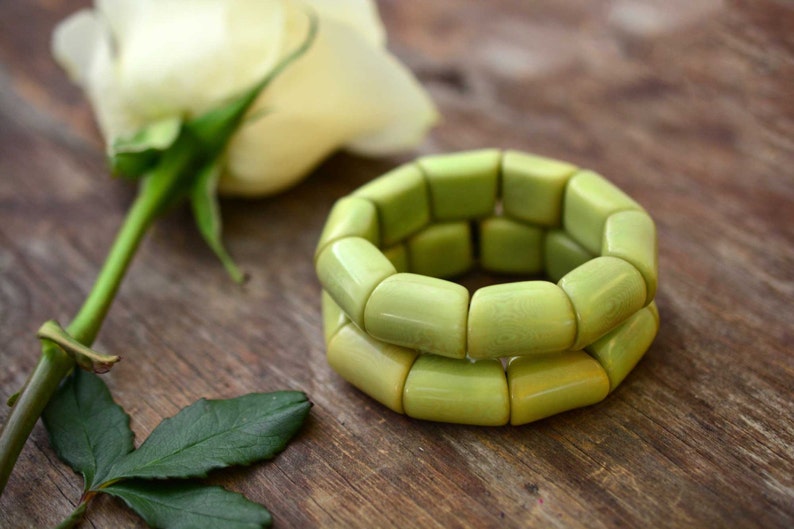 Green Tea River Bead Stretch Tagua Bracelet, Eco-Friendly Fair Trade Jewelry, Handmade Vegetable Ivory Bracelets, Unique Gift for Her