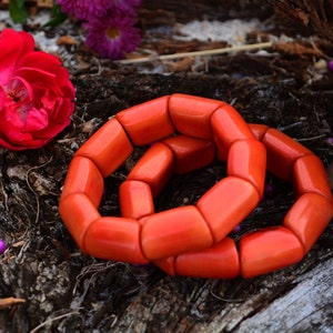 Fire Orange River Bead Stretch Tagua Bracelet, Eco-Friendly Fair Trade Jewelry, Handmade Vegetable Ivory Bracelets, Unique Gift for Her