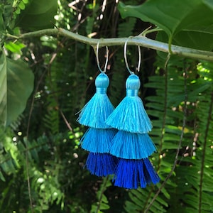 In the Blue: Tiered Tassel Earrings with Sterling Silver Findings / Ombre Long Tassel Earring, Dangling Tassel Earrings, Long Earrings