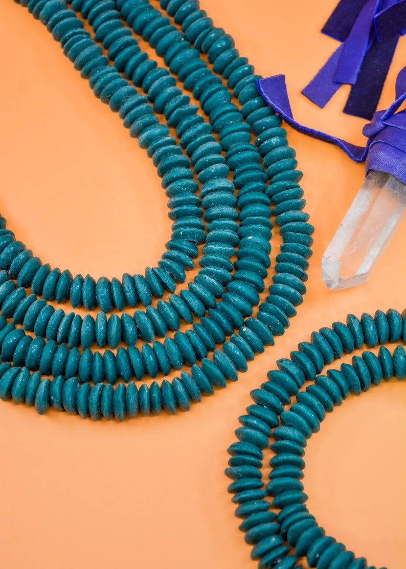 Deep Teal Blue: Ashanti Glass Beads, 14x5mm, Krobo Glass Spacer Beads, FULL strand or Pack of 10 beads, Jewelry Making Supplies