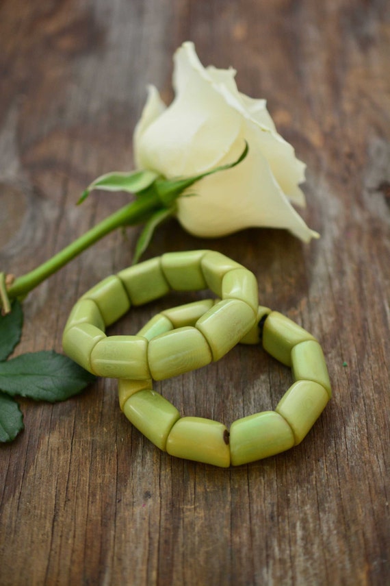 Green Tea River Bead Stretch Tagua Bracelet, Eco-Friendly Fair Trade Jewelry, Handmade Vegetable Ivory Bracelets, Unique Gift for Her