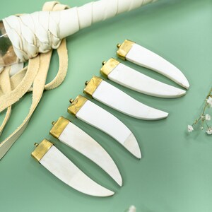 Horn Bone Tusk Pendant: Cream White Ethically Buffalo Bone Tusk Pendant with Gold Toned Brass Cap, 20x83mm, Teeth, Tusk, Lightweight Pendant, Jewelry Supplies