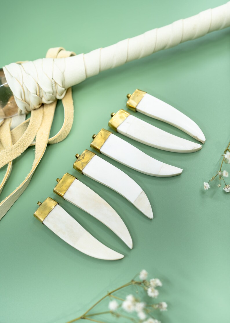 Horn Bone Tusk Pendant: Cream White Ethically Buffalo Bone Tusk Pendant with Gold Toned Brass Cap, 20x83mm, Teeth, Tusk, Lightweight Pendant, Jewelry Supplies