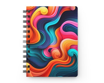Colorblock Waves: Neon Wavy Glossy Laminated Journal Cover with Spiral Loop Wire in 5x7 size Daily Journaling or Diary Journal Notebook