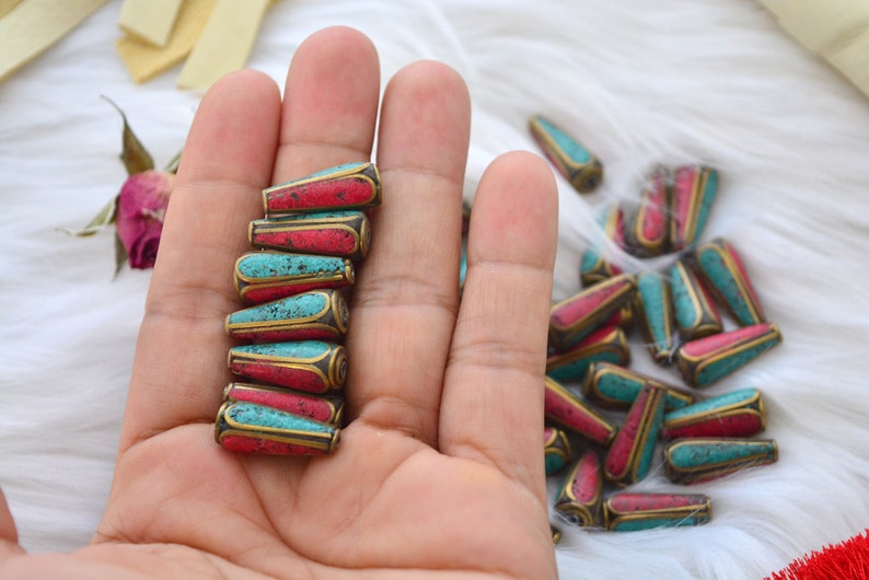 Tear Drop Nepali Beads | 8x20mm Brass Beads Inlaid with Turquoise & Coral | Handmade in Nepal | Set of 2 Beads | Tibetan Jewelry Supplies