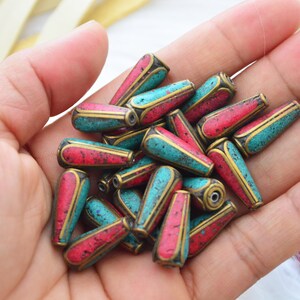 Tear Drop Nepali Beads | 8x20mm Brass Beads Inlaid with Turquoise & Coral | Handmade in Nepal | Set of 2 Beads | Tibetan Jewelry Supplies
