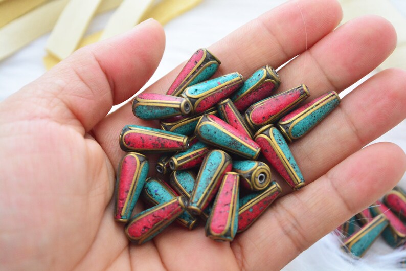 Tear Drop Nepali Beads | 8x20mm Brass Beads Inlaid with Turquoise & Coral | Handmade in Nepal | Set of 2 Beads | Tibetan Jewelry Supplies