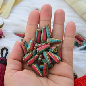 Tear Drop Nepali Beads | 8x20mm Brass Beads Inlaid with Turquoise & Coral | Handmade in Nepal | Set of 2 Beads | Tibetan Jewelry Supplies
