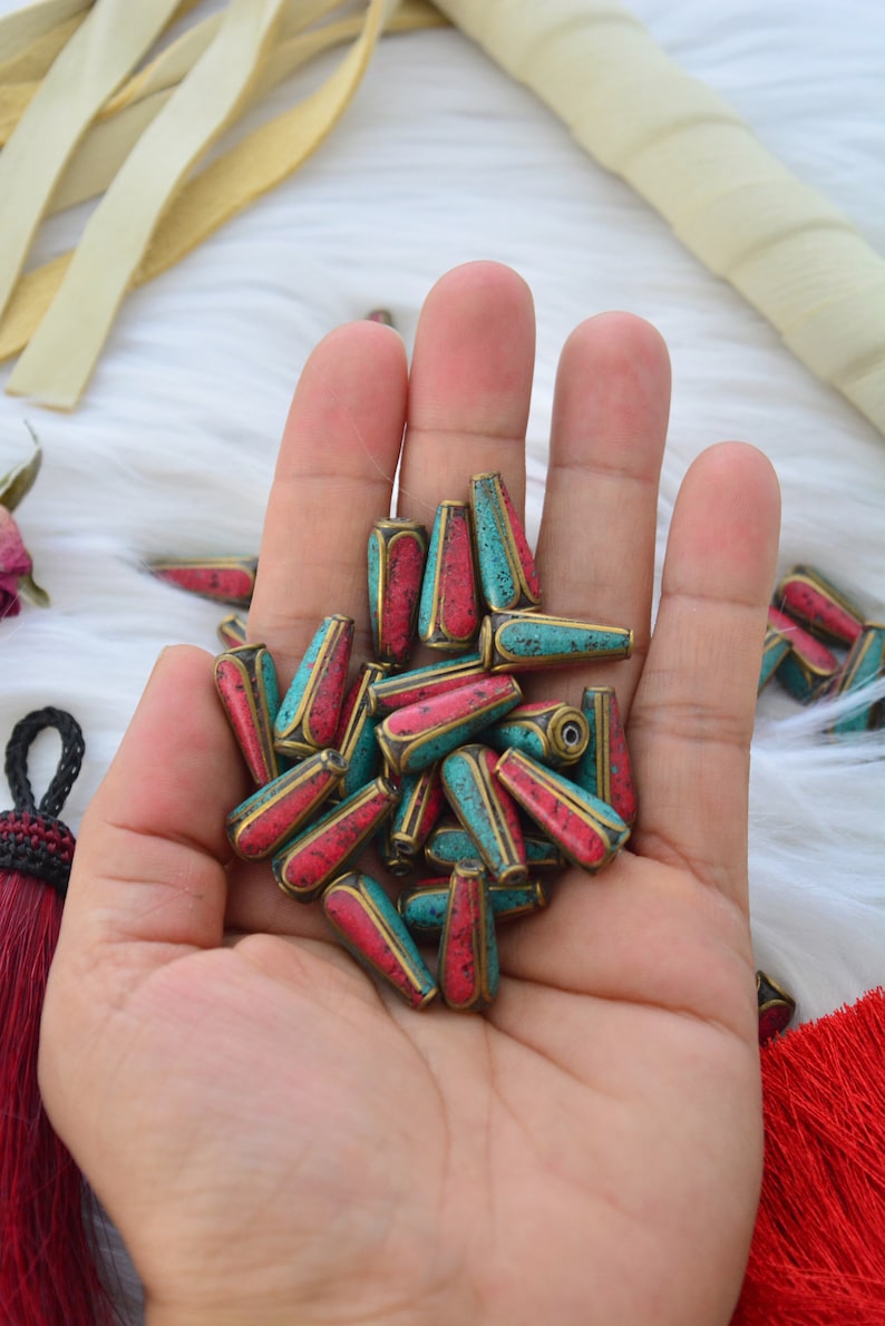 Tear Drop Nepali Beads | 8x20mm Brass Beads Inlaid with Turquoise & Coral | Handmade in Nepal | Set of 2 Beads | Tibetan Jewelry Supplies
