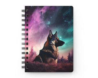 German Shepherd Dog in the Northern Lights: Whimsical Glossy Laminated Journal Cover with Spiral Loop Wire in 5x7 size Daily Journaling