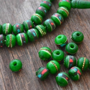 Yak Bone Beads: Deep Green, 10mm Inlaid Bone Beads from Nepal, 10 beads / Coral, Turquoise and Wire Inlay, Ethnic Beads, Malas, Prayer Beads