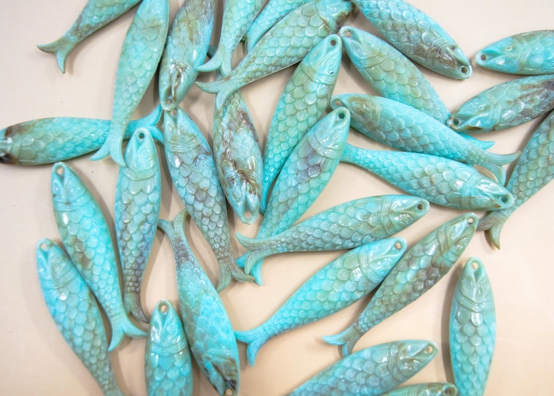 Marble Seafoam Blue Fish Charm 48mm German Resin Pendant, 1 Piece, Beach Jewelry Supply