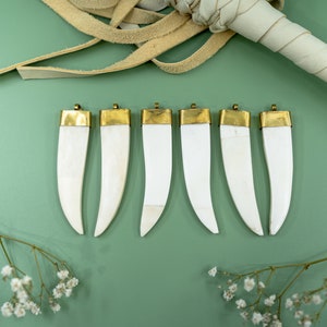 Horn Bone Tusk Pendant: Cream White Ethically Buffalo Bone Tusk Pendant with Gold Toned Brass Cap, 20x83mm, Teeth, Tusk, Lightweight Pendant, Jewelry Supplies