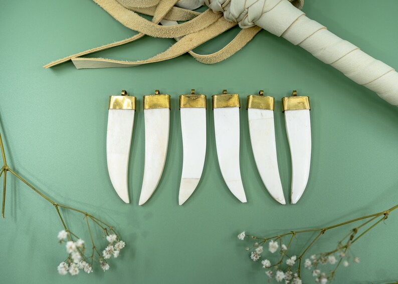 Horn Bone Tusk Pendant: Cream White Ethically Buffalo Bone Tusk Pendant with Gold Toned Brass Cap, 20x83mm, Teeth, Tusk, Lightweight Pendant, Jewelry Supplies