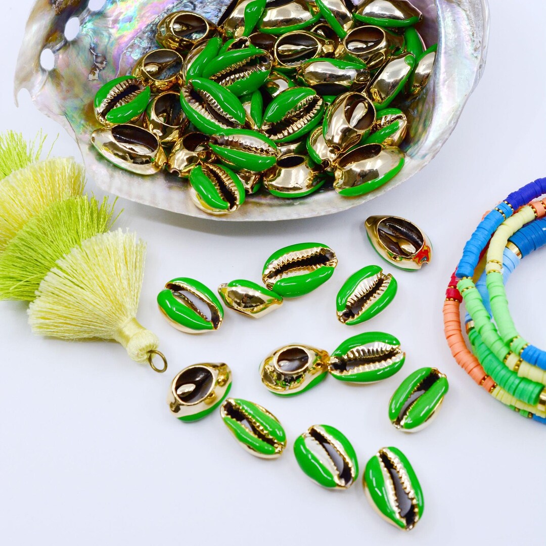 Green Enamel Cowrie Shell – 1 Shell, Gold-plated Shell Charm for Beach ...