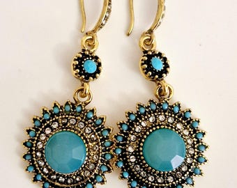 Boho Sunflower Earrings – Retro Vintage Jewelry in Gold & Turquoise, Unisex Gift Idea