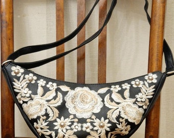 Black bag with floral embroidery, faux leather crossbody bag, riveted handbag, zippered shoulder bag